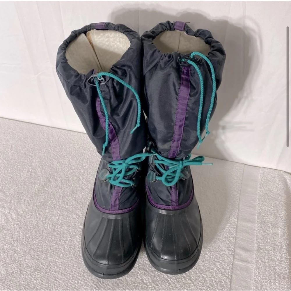 Vintage 90s Sorel Black Purple Teal Freestyle Sport Winter Snow Boots 11 - Picture 4 of 16